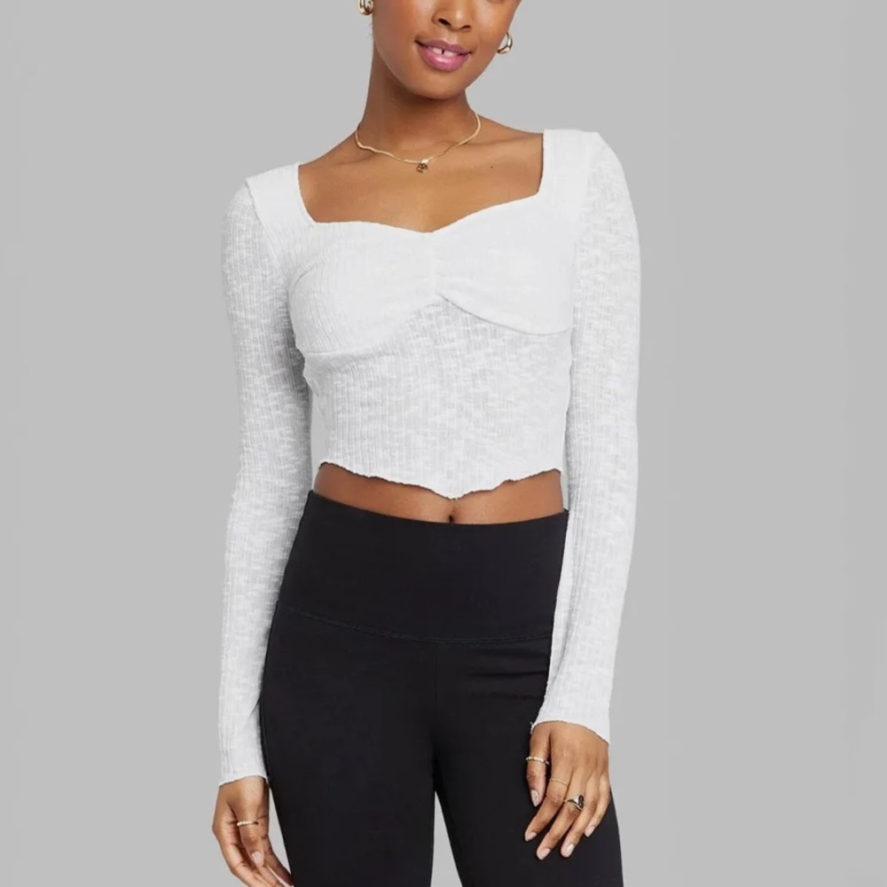 Wild Fable White Sweetheart Crop Long Sleeve Tshirt Knit Top Women XXL NEW